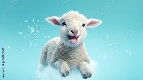  a white sheep with its mouth open and water droplets around it.  generative ai © Nadia