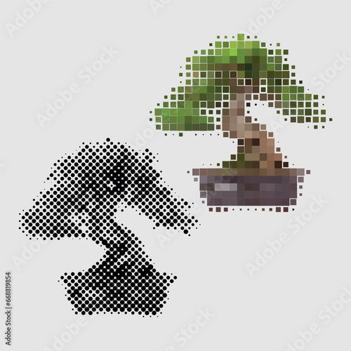 Tree bonsai houseplant growing in pot for home interior decoration. Room plant with green petals. Bonsai homeplant made of colored and black and white dots of different sizes. Gardening, floriculture