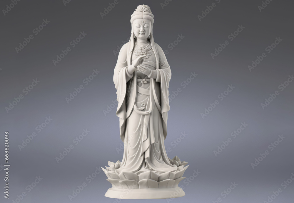 The marble sculpture depicts the Goddess of Mercy in an elegant and peaceful manner, standing on a lotus stand. on a white background