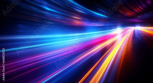 futuristic light rush, vibrant streaks creating an ethereal tunnel of glowing beams and abstract beauty. © Phanida