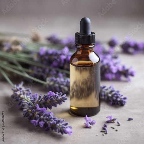 Glass bottle with essential  lavender oil and lavender flowers on a wooden surface