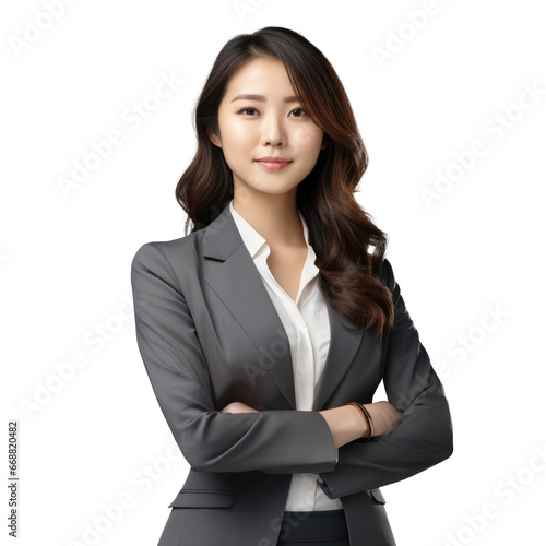 Business woman portrait isolated on white transparent background, Asian businesswoman in suit, crossed arms, PNG