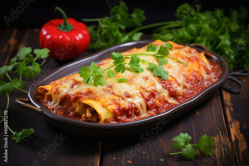 Delicious enchilada on a rustic tabletop photo