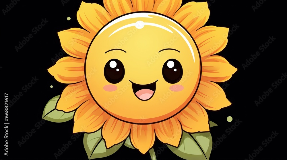  a cartoon sunflower with a happy face on a black background.  generative ai