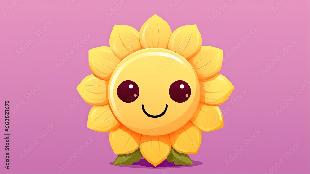  a cartoon sunflower with a smiley face on a purple background.  generative ai