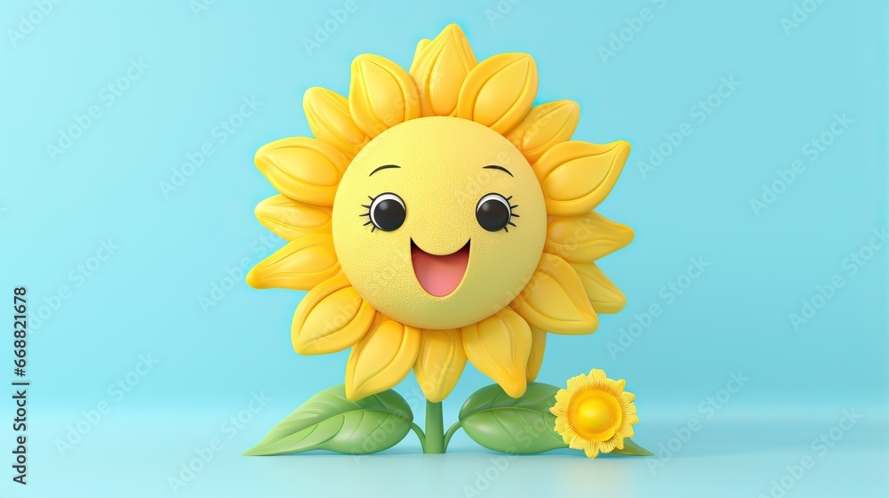  a yellow sunflower with a happy face on a blue background.  generative ai
