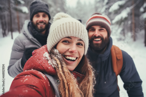 Happy friends having fun taking and selfie together outdoors in winter In forest