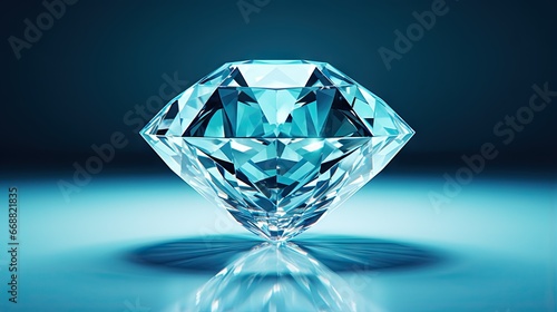  a blue diamond on a reflective surface with a blue background. generative ai
