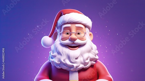  a santa clause is holding a present in his hand and a purple background. generative ai