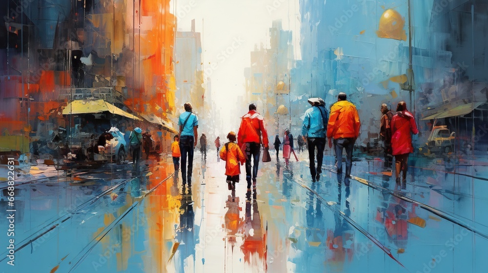  a painting of a group of people walking down a street.  generative ai