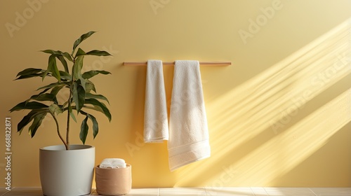  a bathroom with a potted plant next to a towel rack.  generative ai