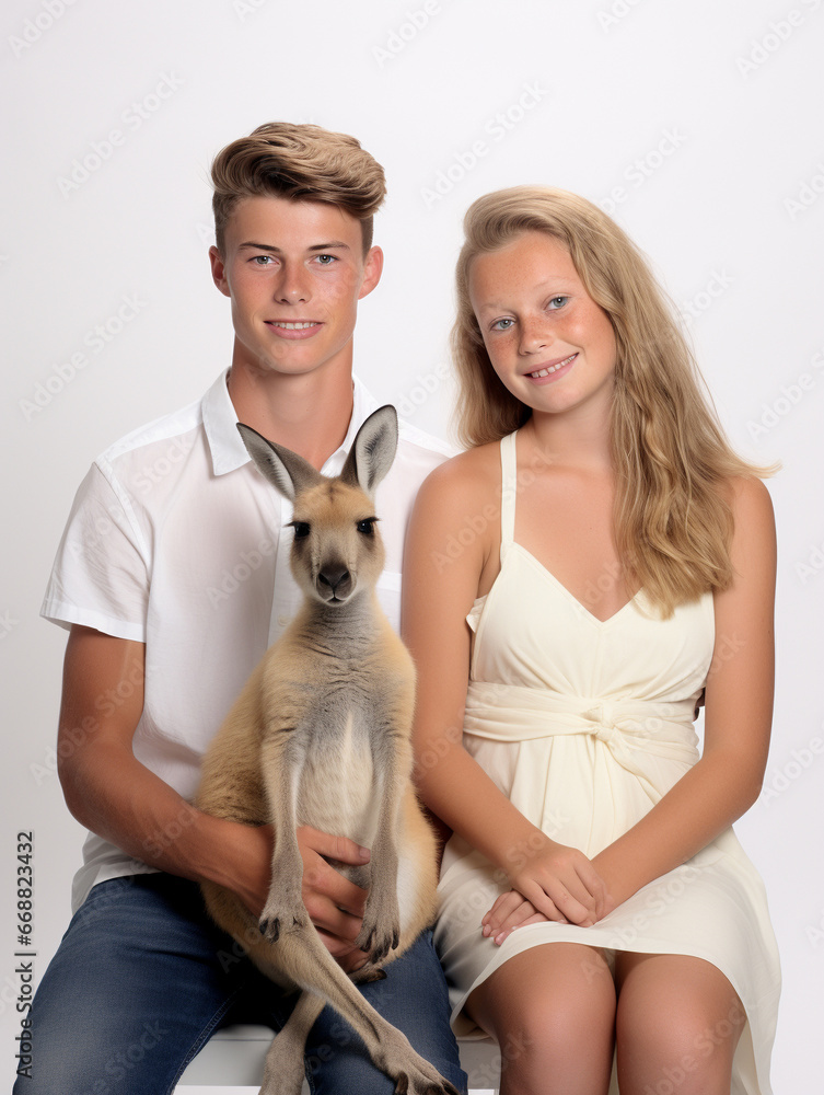 A Studio Portrait Photo of a Young Family Posing with a Kangaroo A Studio Portrait Photo of a Young Family Posing with a Kangaroo