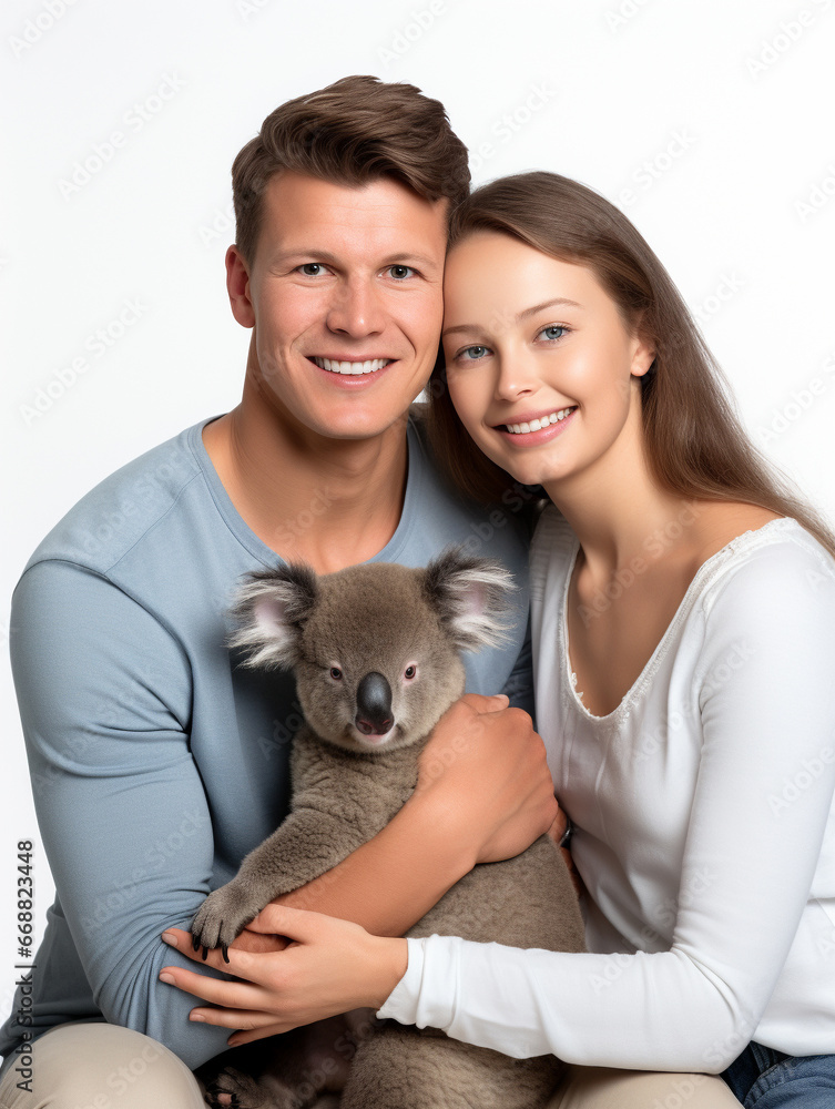 A Studio Portrait Photo of a Young Family Posing with a Koala