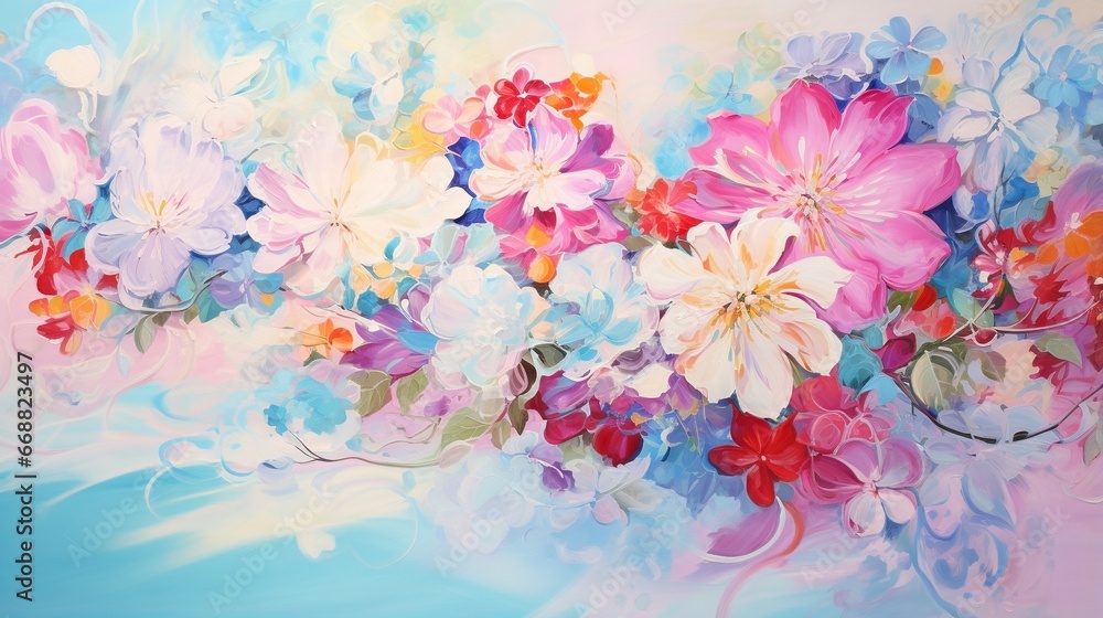  a painting of flowers on a blue and pink background with white and red flowers.  generative ai