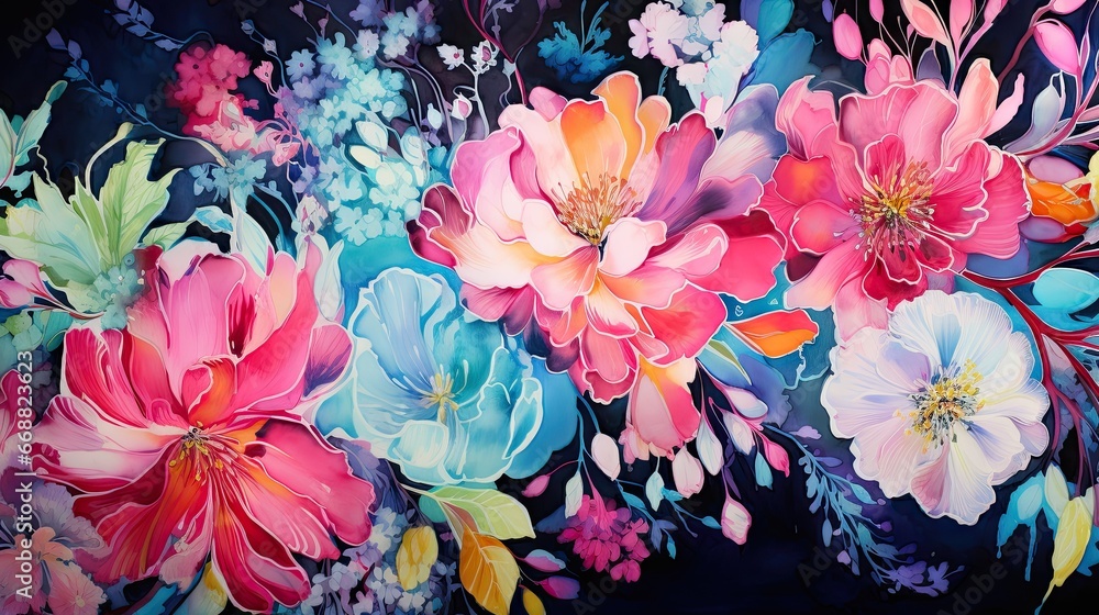 a painting of a bunch of flowers on a black background. generative ai a painting of a bunch of flowers on a black background. generative ai