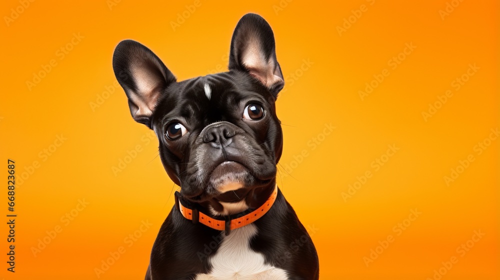 adorable small dog with a playful spirit on vibrant orange background