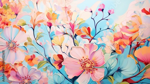  a painting of flowers painted on a blue background with white and pink flowers. generative ai