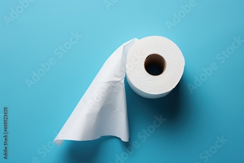 Toilet paper roll on blue background, top view. Hygiene concept. Hygiene concept with a copy space.