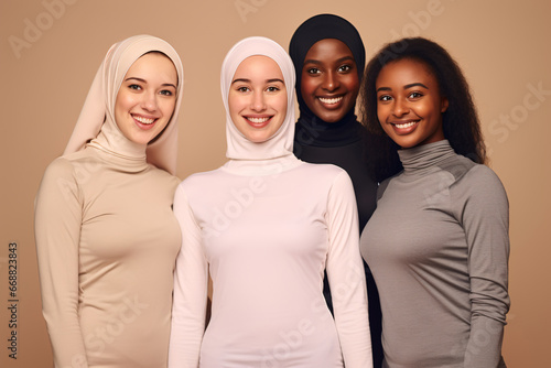 Sonrientes chicas multiétnicas en forma, cuatro modelos de mujeres jóvenes felices y diversas en tops de ropa deportiva unidas sobre fondo beige, entrenamientos de yoga fitness en grupo. photo