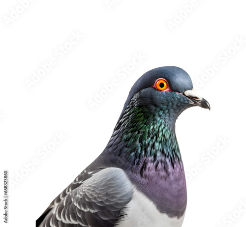 Close-up shot of a racing pigeon with beautiful colored plumage isolated on a transparent background. Generative AI 