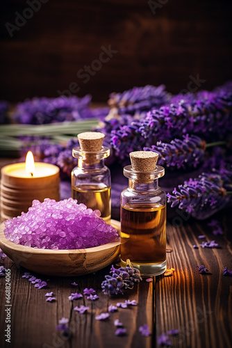 Spa Massage Setting  Lavender Product  Oil on Wooden Background - Created with generative AI tools