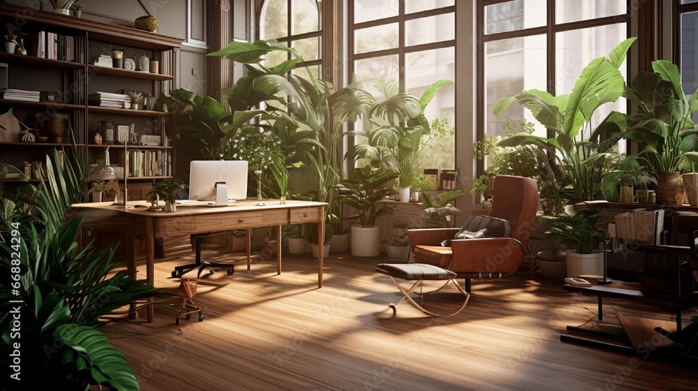 An office space adorned with elegant wood furniture, plenty of indoor plants, and an ergonomic chair.