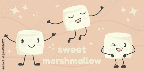 A set of cute marshmallows in cartoon style and pastel colors