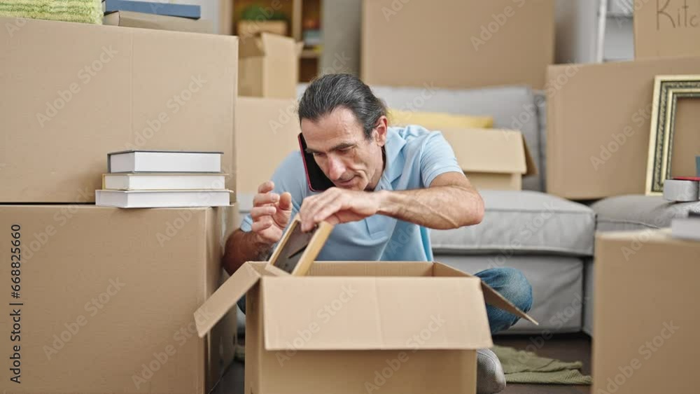 Middle age man packing books on cardboard box talking on smartphone at new home Middle age man packing books on cardboard box talking on smartphone at new home
