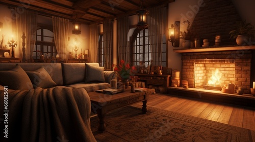 A cozy living room with an open fireplace, soft throw blankets, and rustic furniture.