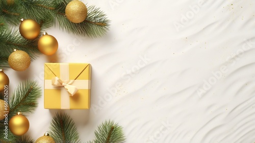  a christmas tree with a yellow gift box and gold ornaments. generative ai