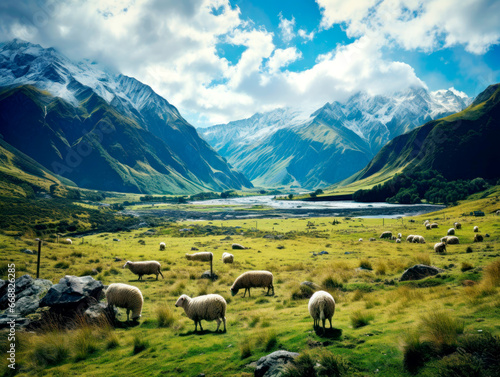 Herd of sheep on beautiful mountain meadow. Picturesque landscape background on mountainous terrain. AI Generated