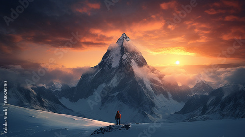 Beautiful photograph of snowy mountain, person standing in the middle