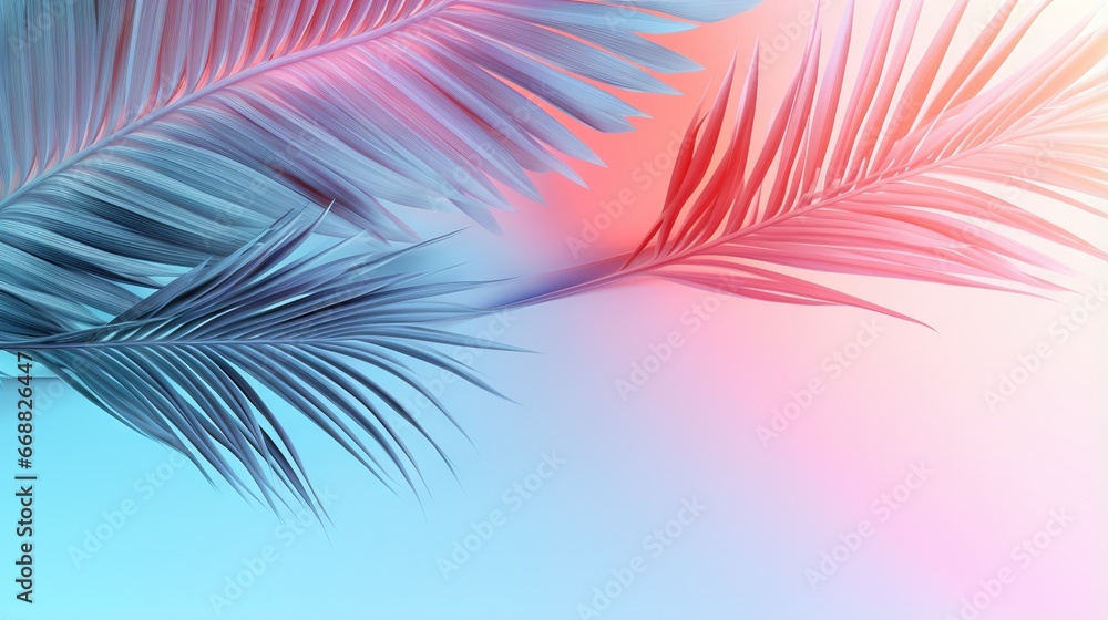 a close up of a palm leaf on a blue and pink background. generative ai a close up of a palm leaf on a blue and pink background. generative ai