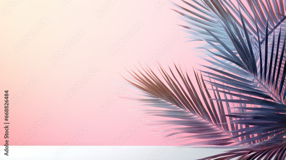  a palm tree branch is shown against a pink and blue background.  generative ai