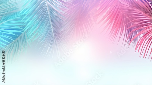  a blurry image of a palm tree with pink and blue leaves. generative ai