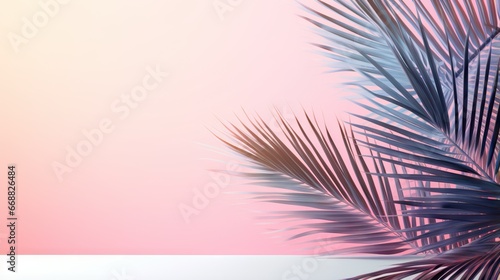  a palm tree branch is shown against a pink and blue background. generative ai