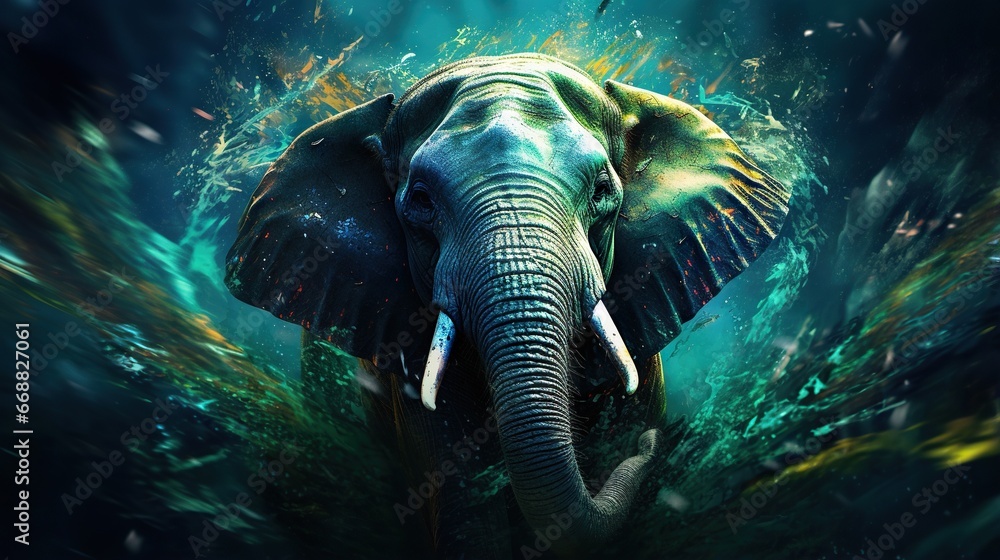 an elephant is in the water with its trunk out and its head turned to the side.  generative ai - obrazy, fototapety, plakaty 