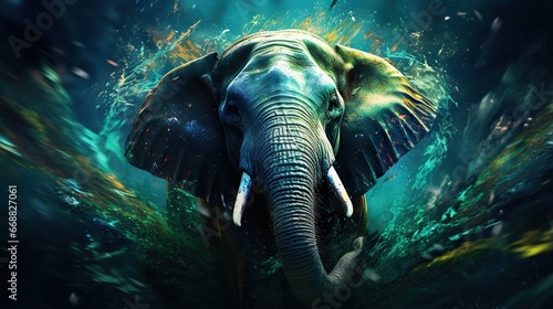  an elephant is in the water with its trunk out and its head turned to the side.  generative ai