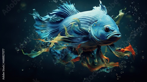  a blue fish with orange and yellow fins swimming in the water.  generative ai