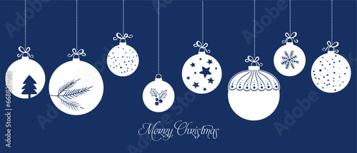 Hanging baubles with christmas icons and greetings text, Merry Christmas.
