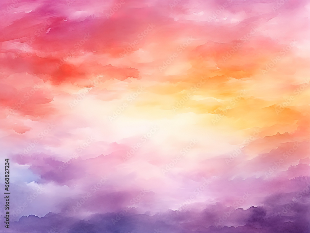 Abstract watercolor background, sunset sky colors, orange, pink, yellow, purple. Generative Ai