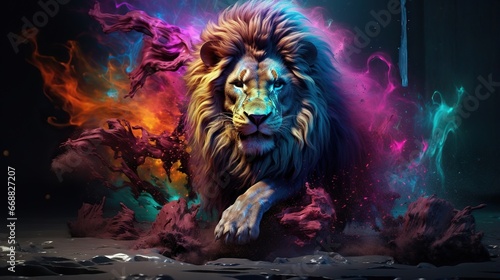  a lion is surrounded by colorful smoke and rocks in the dark. generative ai