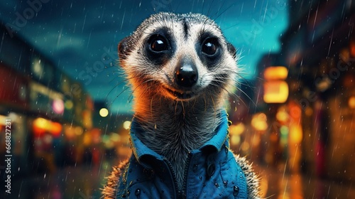  a meerkat wearing a blue jacket in the rain. generative ai