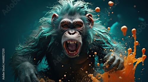  a monkey with its mouth open and its mouth is full of orange bubbles. generative ai
