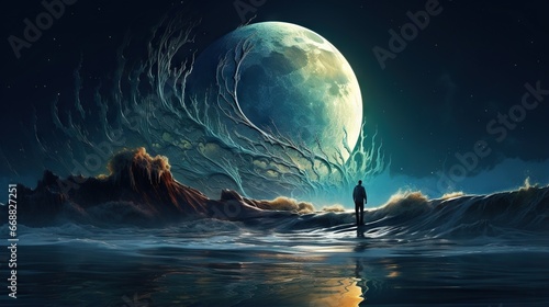  a man standing in the ocean looking at a giant moon. generative ai
