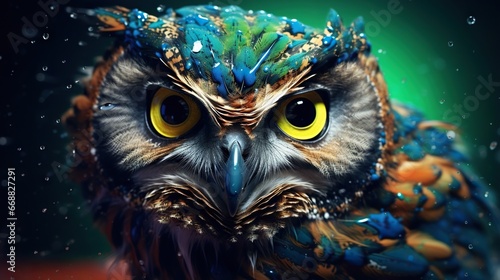  an owl with yellow eyes and a blue and orange feathers.  generative ai © Nadia