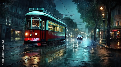  a red trolley car traveling down a rain soaked street at night. generative ai