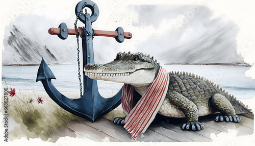 aquarell, krokodil mit schal, anker, meer photo