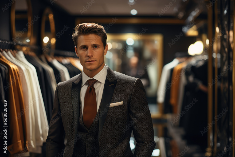 Fototapeta premium Handsome man businessman in a clothing store