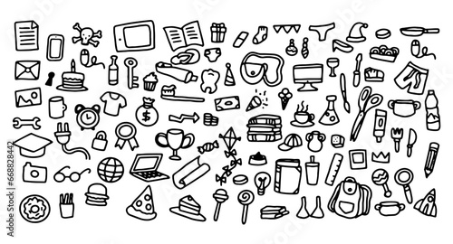 Back to school and home office doodle elements and drawings for students. Hand drawn on isolated background. School supplies, laptop, tech  and creative elements. Vector illustration.